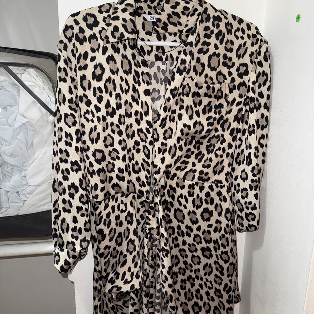 Zara Cream Leopard Print Mini Dress with Mandarin Collar